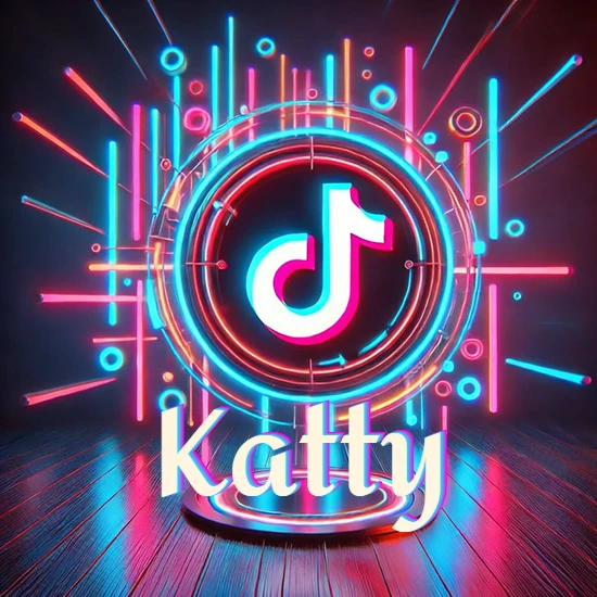Escenario vibrante iluminado con luces de neón rojas y azules. Círculo de luz central con logotipo de TikTok. Nombre en una base circular iluminada sobre el suelo de madera. Diseño con el nombre Katty.