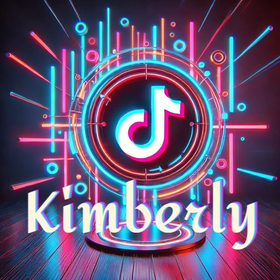 Escenario vibrante iluminado con luces de neón rojas y azules. Círculo de luz central con logotipo de TikTok. Nombre en una base circular iluminada sobre el suelo de madera. Diseño con el nombre Kimberly.