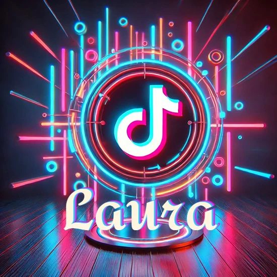 Escenario vibrante iluminado con luces de neón rojas y azules. Círculo de luz central con logotipo de TikTok. Nombre en una base circular iluminada sobre el suelo de madera. Diseño con el nombre Laura.
