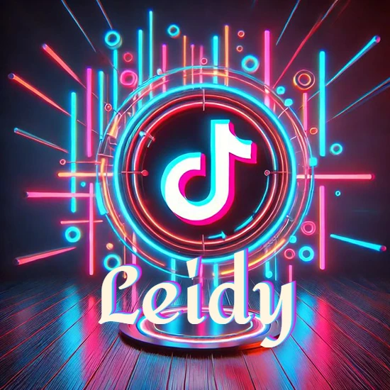 Escenario vibrante iluminado con luces de neón rojas y azules. Círculo de luz central con logotipo de TikTok. Nombre en una base circular iluminada sobre el suelo de madera. Diseño con el nombre Leidy.
