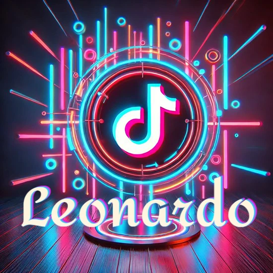 Escenario vibrante iluminado con luces de neón rojas y azules. Círculo de luz central con logotipo de TikTok. Nombre en una base circular iluminada sobre el suelo de madera. Diseño con el nombre Leonardo.