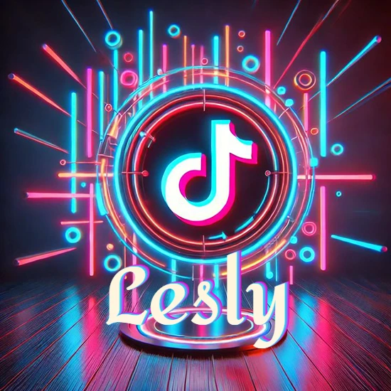 Escenario vibrante iluminado con luces de neón rojas y azules. Círculo de luz central con logotipo de TikTok. Nombre en una base circular iluminada sobre el suelo de madera. Diseño con el nombre Lesly.