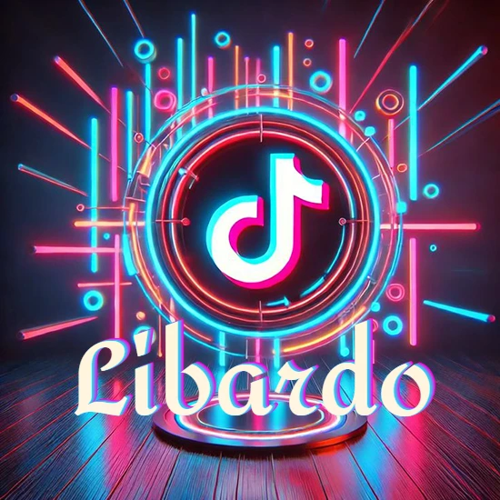 Escenario vibrante iluminado con luces de neón rojas y azules. Círculo de luz central con logotipo de TikTok. Nombre en una base circular iluminada sobre el suelo de madera. Diseño con el nombre Libardo.