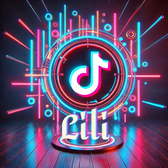 Escenario vibrante iluminado con luces de neón rojas y azules. Círculo de luz central con logotipo de TikTok. Nombre en una base circular iluminada sobre el suelo de madera. Diseño con el nombre Lili.