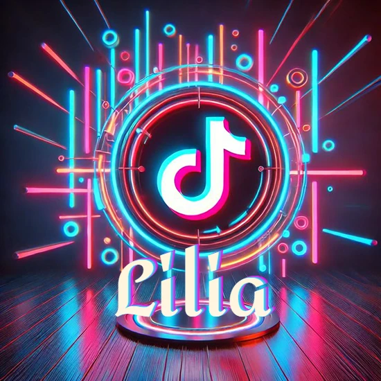 Escenario vibrante iluminado con luces de neón rojas y azules. Círculo de luz central con logotipo de TikTok. Nombre en una base circular iluminada sobre el suelo de madera. Diseño con el nombre Lilia.