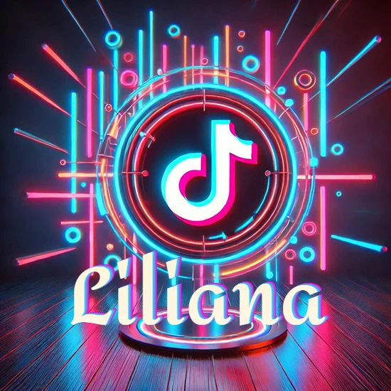 Escenario vibrante iluminado con luces de neón rojas y azules. Círculo de luz central con logotipo de TikTok. Nombre en una base circular iluminada sobre el suelo de madera. Diseño con el nombre Liliana.