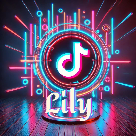 Escenario vibrante iluminado con luces de neón rojas y azules. Círculo de luz central con logotipo de TikTok. Nombre en una base circular iluminada sobre el suelo de madera. Diseño con el nombre Lily.
