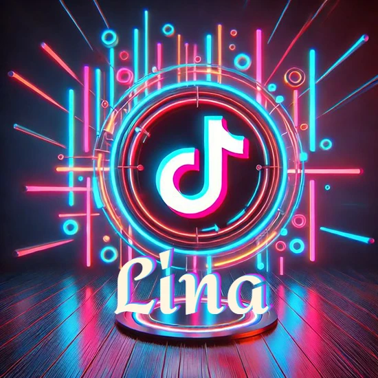 Escenario vibrante iluminado con luces de neón rojas y azules. Círculo de luz central con logotipo de TikTok. Nombre en una base circular iluminada sobre el suelo de madera. Diseño con el nombre Lina.