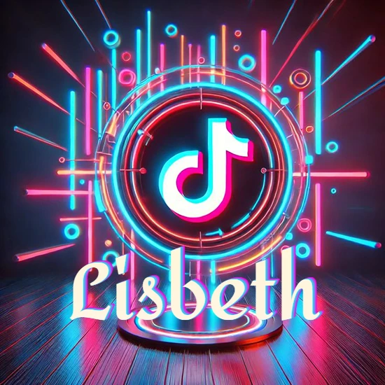 Escenario vibrante iluminado con luces de neón rojas y azules. Círculo de luz central con logotipo de TikTok. Nombre en una base circular iluminada sobre el suelo de madera. Diseño con el nombre Lisbeth.
