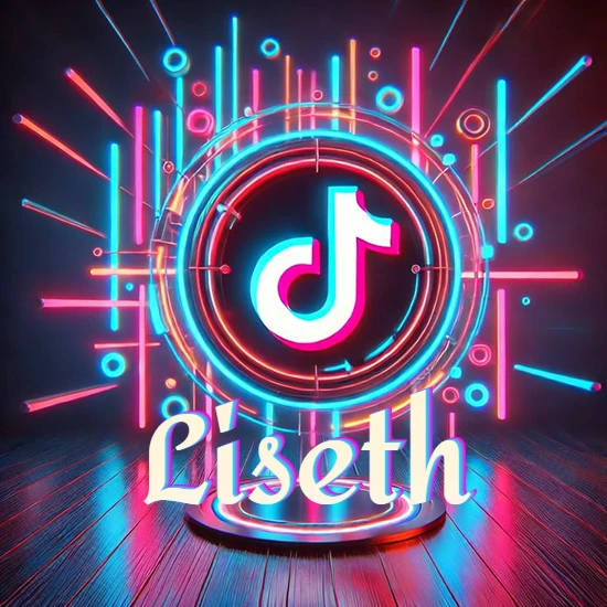 Escenario vibrante iluminado con luces de neón rojas y azules. Círculo de luz central con logotipo de TikTok. Nombre en una base circular iluminada sobre el suelo de madera. Diseño con el nombre Liseth.