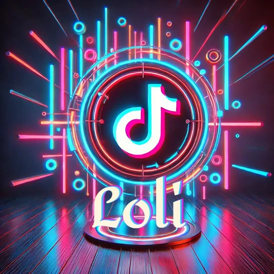 Escenario vibrante iluminado con luces de neón rojas y azules. Círculo de luz central con logotipo de TikTok. Nombre en una base circular iluminada sobre el suelo de madera. Diseño con el nombre Loli.