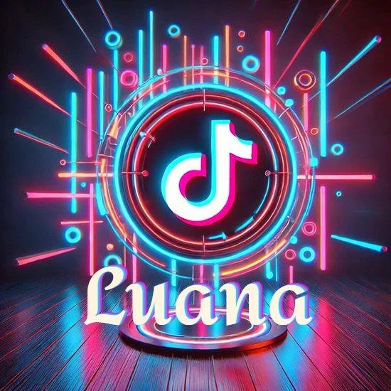 Escenario vibrante iluminado con luces de neón rojas y azules. Círculo de luz central con logotipo de TikTok. Nombre en una base circular iluminada sobre el suelo de madera. Diseño con el nombre Luana.