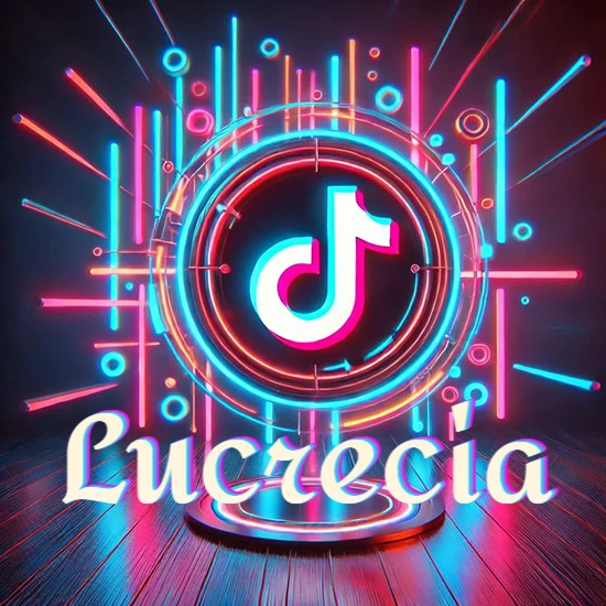 Escenario vibrante iluminado con luces de neón rojas y azules. Círculo de luz central con logotipo de TikTok. Nombre en una base circular iluminada sobre el suelo de madera. Diseño con el nombre Lucrecia.