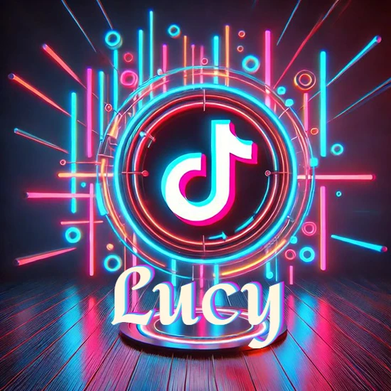 Escenario vibrante iluminado con luces de neón rojas y azules. Círculo de luz central con logotipo de TikTok. Nombre en una base circular iluminada sobre el suelo de madera. Diseño con el nombre Lucy.