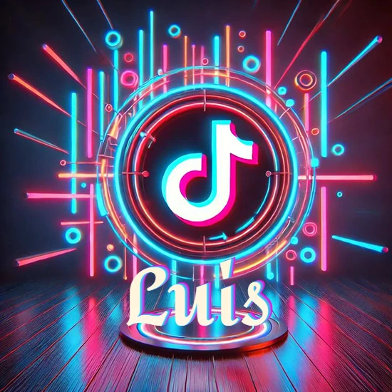 Escenario vibrante iluminado con luces de neón rojas y azules. Círculo de luz central con logotipo de TikTok. Nombre en una base circular iluminada sobre el suelo de madera. Diseño con el nombre Luis.