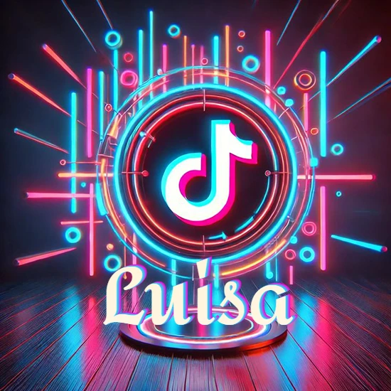 Escenario vibrante iluminado con luces de neón rojas y azules. Círculo de luz central con logotipo de TikTok. Nombre en una base circular iluminada sobre el suelo de madera. Diseño con el nombre Luisa.