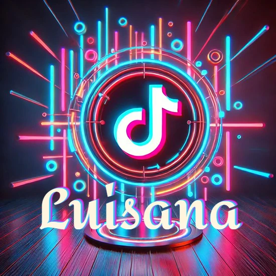 Escenario vibrante iluminado con luces de neón rojas y azules. Círculo de luz central con logotipo de TikTok. Nombre en una base circular iluminada sobre el suelo de madera. Diseño con el nombre Luisana.