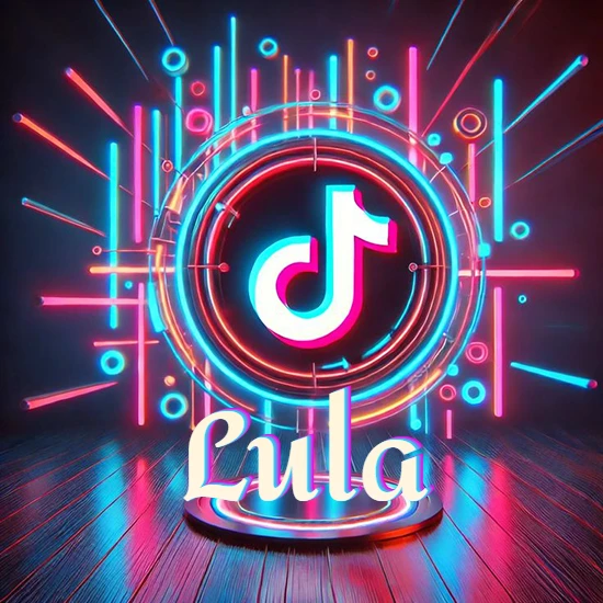 Escenario vibrante iluminado con luces de neón rojas y azules. Círculo de luz central con logotipo de TikTok. Nombre en una base circular iluminada sobre el suelo de madera. Diseño con el nombre Lula.