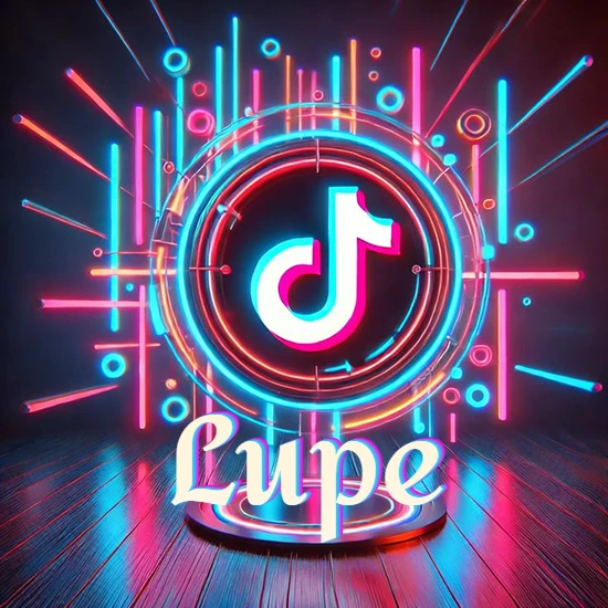 Escenario vibrante iluminado con luces de neón rojas y azules. Círculo de luz central con logotipo de TikTok. Nombre en una base circular iluminada sobre el suelo de madera. Diseño con el nombre Lupe.