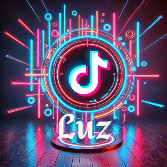 Escenario vibrante iluminado con luces de neón rojas y azules. Círculo de luz central con logotipo de TikTok. Nombre en una base circular iluminada sobre el suelo de madera. Diseño con el nombre Luz. Escenario vibrante iluminado con luces de neón rojas y azules. Círculo de luz central con logotipo de TikTok. Nombre en una base circular iluminada sobre el suelo de madera. Diseño con el nombre Luz.