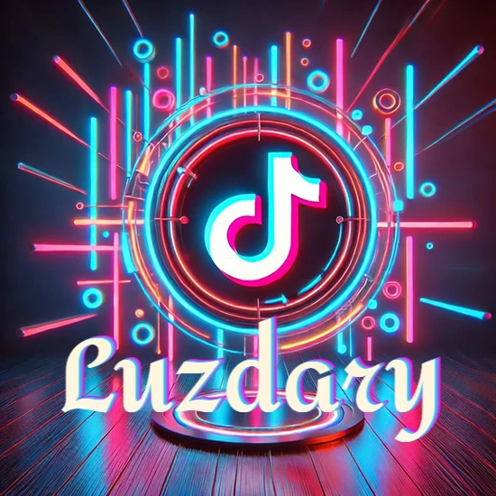 Escenario vibrante iluminado con luces de neón rojas y azules. Círculo de luz central con logotipo de TikTok. Nombre en una base circular iluminada sobre el suelo de madera. Diseño con el nombre Luzdary.