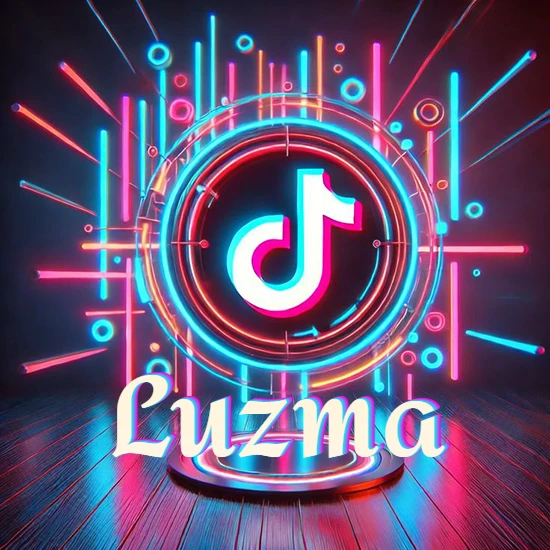 Escenario vibrante iluminado con luces de neón rojas y azules. Círculo de luz central con logotipo de TikTok. Nombre en una base circular iluminada sobre el suelo de madera. Diseño con el nombre Luzma. Escenario vibrante iluminado con luces de neón rojas y azules. Círculo de luz central con logotipo de TikTok. Nombre en una base circular iluminada sobre el suelo de madera. Diseño con el nombre Luzma.