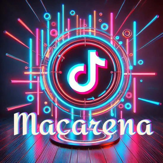 Escenario vibrante iluminado con luces de neón rojas y azules. Círculo de luz central con logotipo de TikTok. Nombre en una base circular iluminada sobre el suelo de madera. Diseño con el nombre Macarena.