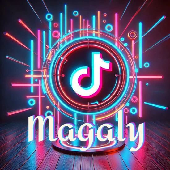 Escenario vibrante iluminado con luces de neón rojas y azules. Círculo de luz central con logotipo de TikTok. Nombre en una base circular iluminada sobre el suelo de madera. Diseño con el nombre Magaly.
