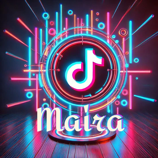 Escenario vibrante iluminado con luces de neón rojas y azules. Círculo de luz central con logotipo de TikTok. Nombre en una base circular iluminada sobre el suelo de madera. Diseño con el nombre Maira.