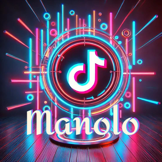 Escenario vibrante iluminado con luces de neón rojas y azules. Círculo de luz central con logotipo de TikTok. Nombre en una base circular iluminada sobre el suelo de madera. Diseño con el nombre Manolo.