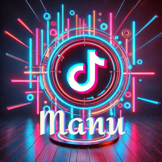 Escenario vibrante iluminado con luces de neón rojas y azules. Círculo de luz central con logotipo de TikTok. Nombre en una base circular iluminada sobre el suelo de madera. Diseño con el nombre Manu.