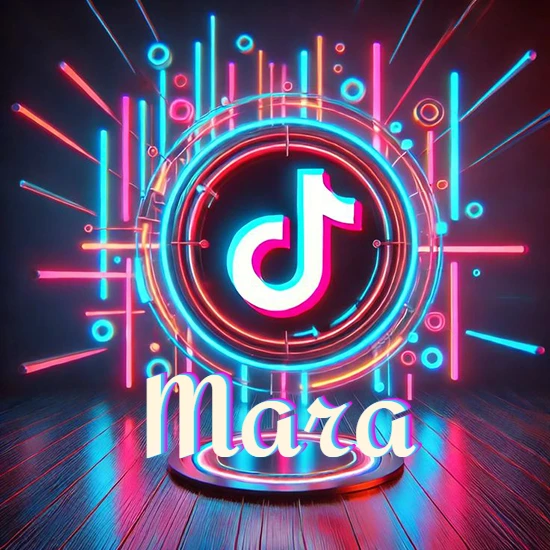 Escenario vibrante iluminado con luces de neón rojas y azules. Círculo de luz central con logotipo de TikTok. Nombre en una base circular iluminada sobre el suelo de madera. Diseño con el nombre Mara.