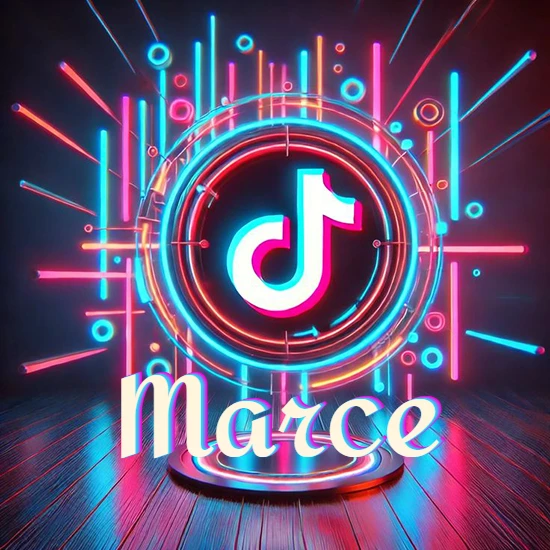 Escenario vibrante iluminado con luces de neón rojas y azules. Círculo de luz central con logotipo de TikTok. Nombre en una base circular iluminada sobre el suelo de madera. Diseño con el nombre Marce.