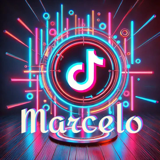 Escenario vibrante iluminado con luces de neón rojas y azules. Círculo de luz central con logotipo de TikTok. Nombre en una base circular iluminada sobre el suelo de madera. Diseño con el nombre Marcelo.