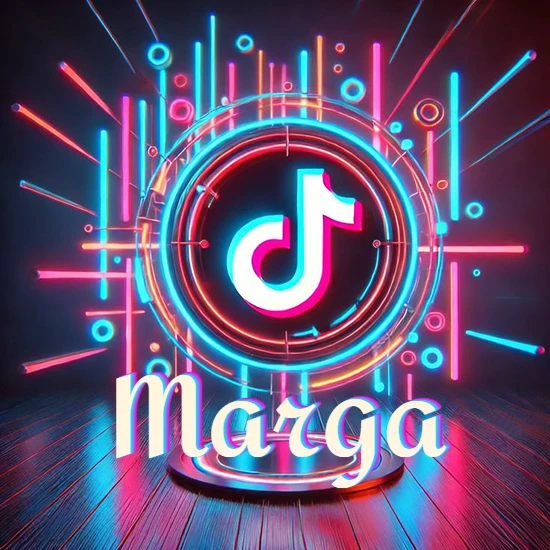 Escenario vibrante iluminado con luces de neón rojas y azules. Círculo de luz central con logotipo de TikTok. Nombre en una base circular iluminada sobre el suelo de madera. Diseño con el nombre Marga.