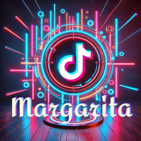 Escenario vibrante iluminado con luces de neón rojas y azules. Círculo de luz central con logotipo de TikTok. Nombre en una base circular iluminada sobre el suelo de madera. Diseño con el nombre Margarita.