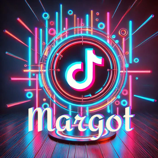 Escenario vibrante iluminado con luces de neón rojas y azules. Círculo de luz central con logotipo de TikTok. Nombre en una base circular iluminada sobre el suelo de madera. Diseño con el nombre Margot.