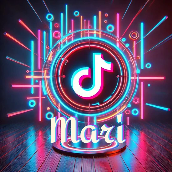 Escenario vibrante iluminado con luces de neón rojas y azules. Círculo de luz central con logotipo de TikTok. Nombre en una base circular iluminada sobre el suelo de madera. Diseño con el nombre Mari.