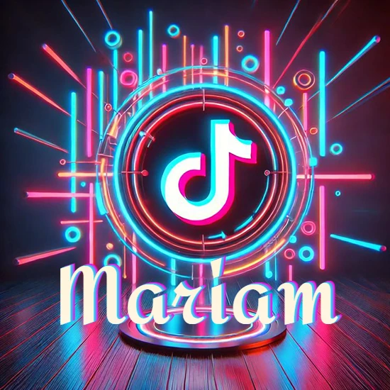 Escenario vibrante iluminado con luces de neón rojas y azules. Círculo de luz central con logotipo de TikTok. Nombre en una base circular iluminada sobre el suelo de madera. Diseño con el nombre Mariam.