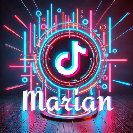 Escenario vibrante iluminado con luces de neón rojas y azules. Círculo de luz central con logotipo de TikTok. Nombre en una base circular iluminada sobre el suelo de madera. Diseño con el nombre Marian.