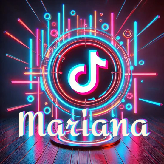 Escenario vibrante iluminado con luces de neón rojas y azules. Círculo de luz central con logotipo de TikTok. Nombre en una base circular iluminada sobre el suelo de madera. Diseño con el nombre Mariana.