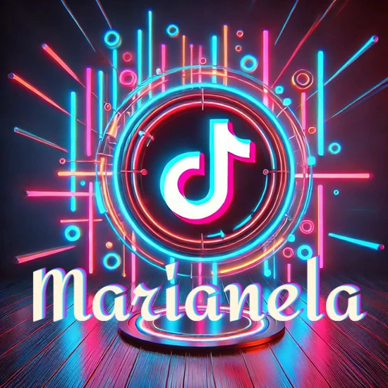 Escenario vibrante iluminado con luces de neón rojas y azules. Círculo de luz central con logotipo de TikTok. Nombre en una base circular iluminada sobre el suelo de madera. Diseño con el nombre Marianela.