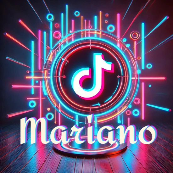 Escenario vibrante iluminado con luces de neón rojas y azules. Círculo de luz central con logotipo de TikTok. Nombre en una base circular iluminada sobre el suelo de madera. Diseño con el nombre Mariano.