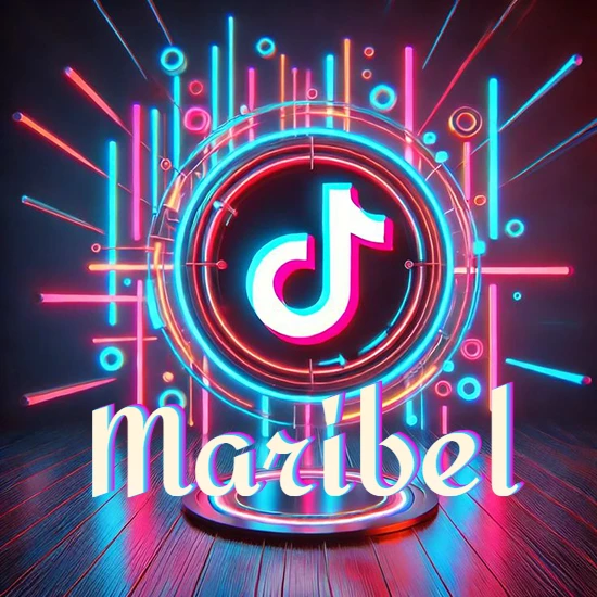 Escenario vibrante iluminado con luces de neón rojas y azules. Círculo de luz central con logotipo de TikTok. Nombre en una base circular iluminada sobre el suelo de madera. Diseño con el nombre Maribel.