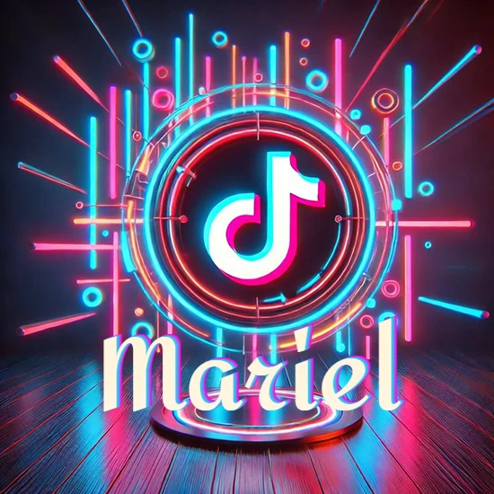 Escenario vibrante iluminado con luces de neón rojas y azules. Círculo de luz central con logotipo de TikTok. Nombre en una base circular iluminada sobre el suelo de madera. Diseño con el nombre Mariel.