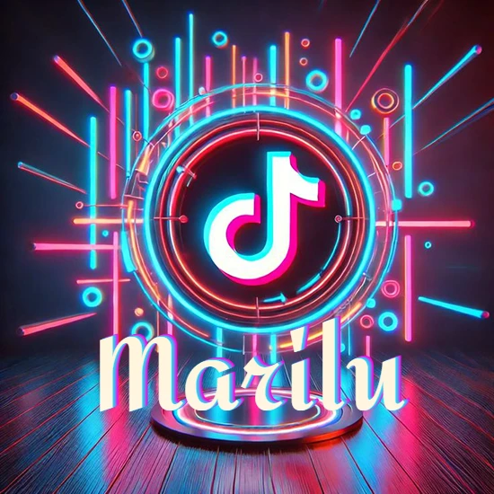 Escenario vibrante iluminado con luces de neón rojas y azules. Círculo de luz central con logotipo de TikTok. Nombre en una base circular iluminada sobre el suelo de madera. Diseño con el nombre Marilu.