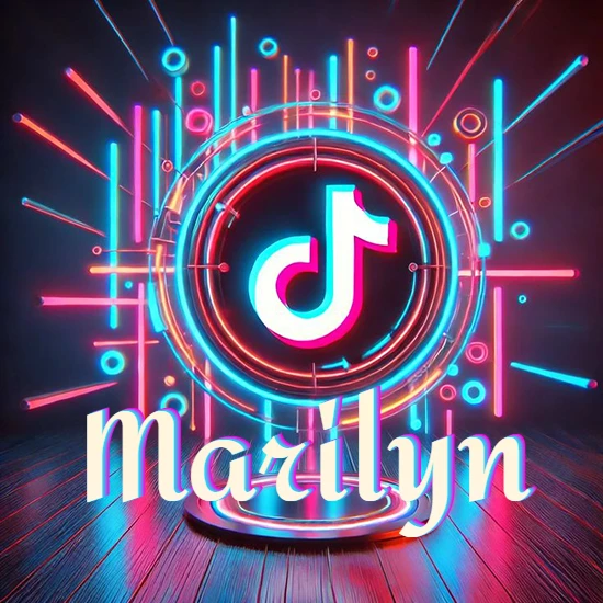 Escenario vibrante iluminado con luces de neón rojas y azules. Círculo de luz central con logotipo de TikTok. Nombre en una base circular iluminada sobre el suelo de madera. Diseño con el nombre Marilyn.