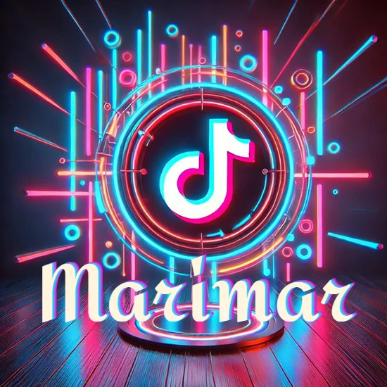 Escenario vibrante iluminado con luces de neón rojas y azules. Círculo de luz central con logotipo de TikTok. Nombre en una base circular iluminada sobre el suelo de madera. Diseño con el nombre Marimar.