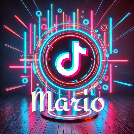 Escenario vibrante iluminado con luces de neón rojas y azules. Círculo de luz central con logotipo de TikTok. Nombre en una base circular iluminada sobre el suelo de madera. Diseño con el nombre Mario.