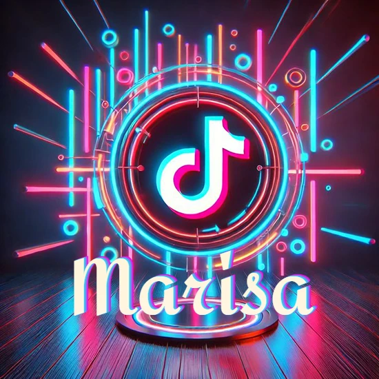 Escenario vibrante iluminado con luces de neón rojas y azules. Círculo de luz central con logotipo de TikTok. Nombre en una base circular iluminada sobre el suelo de madera. Diseño con el nombre Marisa.